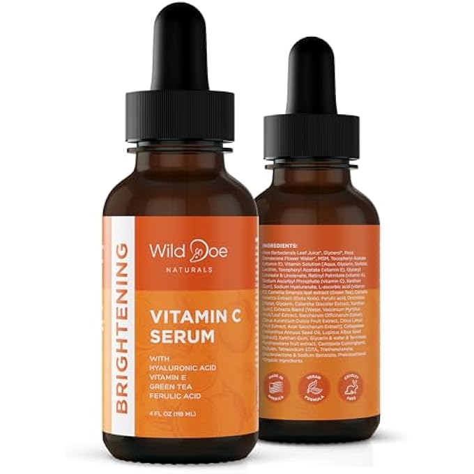 Wild Doe Naturals VITAMIN C SERUM FOR FACE WITH HYALURONIC ACID - FIRMING ANTI AGING SERUM, PORE MINIMIZER, ACNE SCARS AND DARK SPOT REMOVER FOR FACE - VITAMIN C FACIAL SERUM + FERULIC ACID, VITAMIN E, GREEN TEA -4 OZ - Image 1